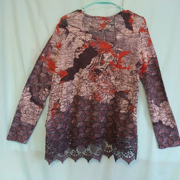 One World PM petite medium gray orange lace knit top blouse tunic - Picture 6 of 6